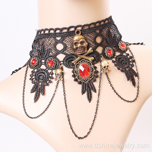 Wide lace Skull decoration Ruby tassel necklaces